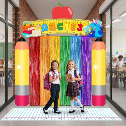 6 Pcs Back to School Door Porch Banner with Rainbow Foil Fringe Curtain First Day of School Classroom Decor ABC Pencil Photo Booth Backdrop Kindergarten Preschool Welcome Back to School Party Supplies