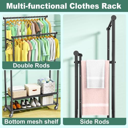 COLOR WHITE ❗❗Double Rods Clothes Rack for Hanging Clothes, Heavy Duty Rolling Clothing Rack with Wheels, Freestanding Garment Racks with Oxford Bottom Shelf and Mesh Bottom Shelf for Bedroom Laundry Living Room