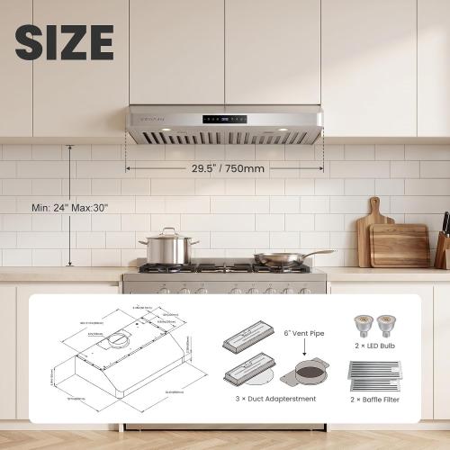Under Cabinet Range Hood 30 Inch, 1200 CFM Kitchen Vent Hood, 4 Fan Speeds, Gesture & Touch Control with Memory Mode, Auto Shutoff Timer, Removable Grease Filters