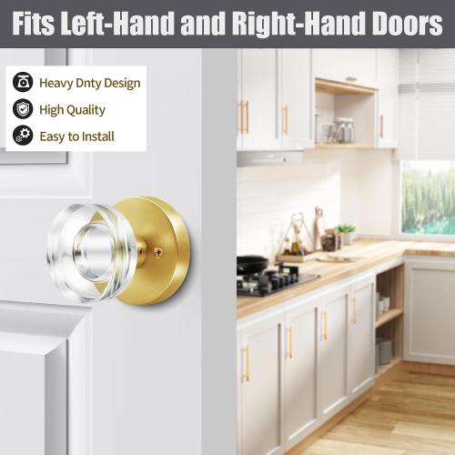 2 Pack Gold Glass Dummy Door Knob Satin Brass Crystal Dummy Door Knobs Interior, Round Modern Door Knob Brushed Gold Dummy Door Handle Interior for Hall Pantry Closet Door Knobs