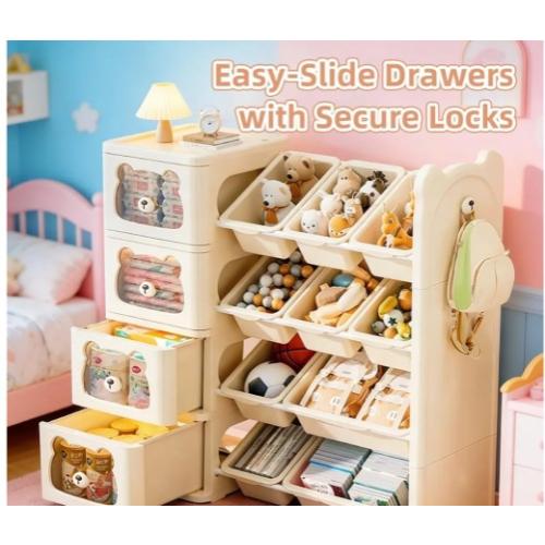 Children's Toy Storage Organizer with 3 Drawers and 7 Bins, Large Kids Toy Chests, Removable Kids Storage Bins Bookshelf, Bear Shape Children's Storage Rack, Toy Organization for Kids' Playroom