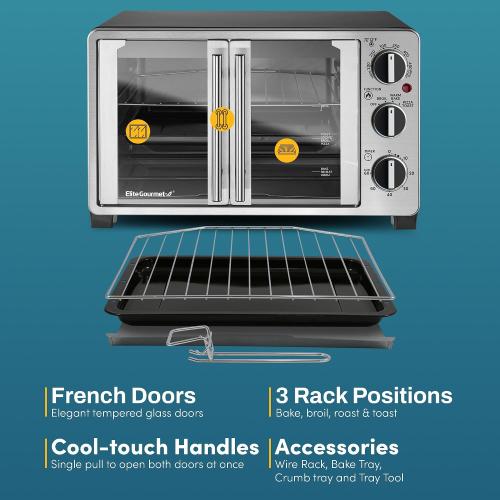 Elite Gourmet ETO2530M Double French Door Countertop Toaster Oven, Bake, Broil, Toast, Keep Warm, Fits 12 pizza, 25L capacity, Stainless Steel & Black