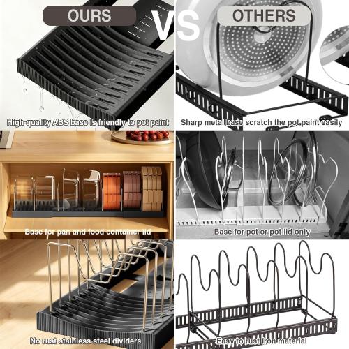 Magheo 2 Pack Pots and Pans Organizer Under Cabinet, Expandable 12.6-22.8 Kitchen Cabinet Organizer Holder with 10 Adjustable Dividers for Food Storage Container Lid, Cookie Sheet, Cookware(Black)