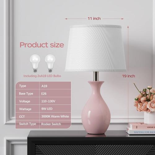 PARTPHONER Table Lamp Set of 2, Modern Ceramic Bedside Lamps for Night Stands, Classic Small Lamp Nightstand Lamp for Bedroom Living Room Desk End Table Rocker Swtich Pink