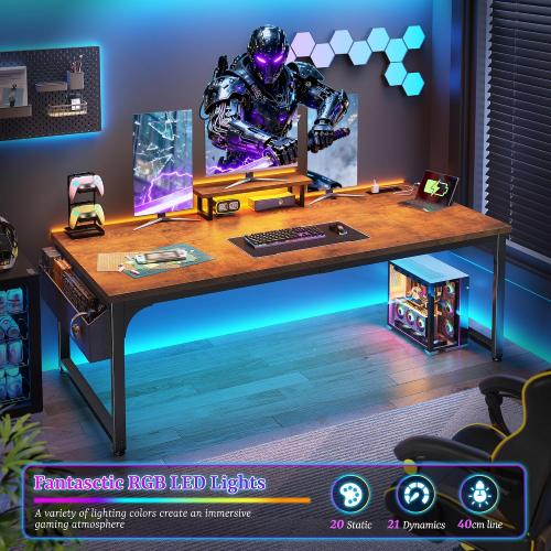 55 x 24 inch Desk with Power Outlets, Computer Desk with Monitor Stand & Light & Storage Bag, 0.95 Inch Thicker Desktop of Office Desk, Writing Desk for Home Office, Study, Bedroom, Brown