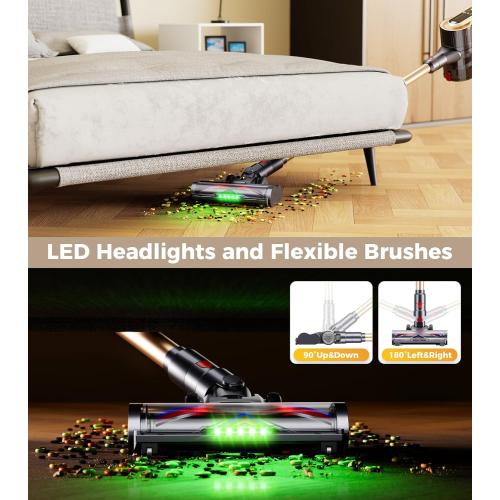 RENDOW Cordless Vacuum Cleaner, 65Mins 550W 45Kpa Stick Vacuum, Self-Standing Vacuum Cleaners for Home with LED Display, Anti-Tangle Rechargeable Vacuum Cordless for Pet Hair/Carpet/Hard Floor