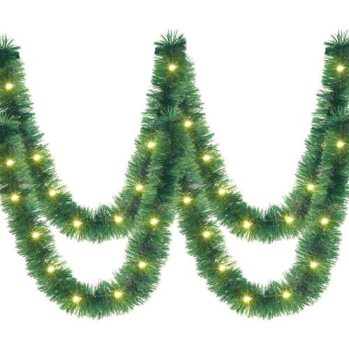 Kingdder 16.4 ft Christmas Tinsel Garland Lighted Metallic Twist Tree Decoration Prelit Battery Operated 50 LED Hanging Garland for Xmas New Year Home Outdoor Decor(Warm White, Green)