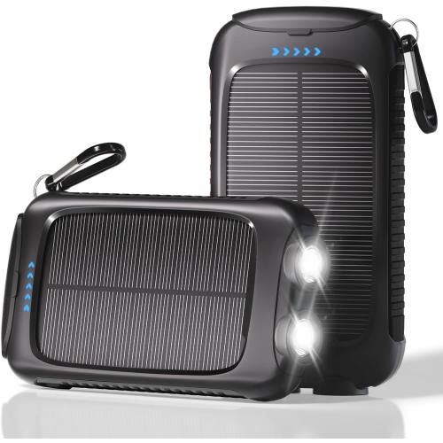 Portable Charger Solar Power Bank 8000mAh with USB-A and USB-C 5V/3A Output Port Black Battery Pack Compatible with iPhone, Samsung, Waterproof Emergency LED Flashlights Perfect for Camping, Hiking