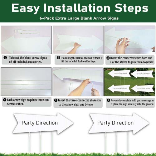 ‌Jumbo 6-Pack Blank Arrow Yard Signs with Stakes - 33x12 Oversized Wedding Directional Signs, Birthday Party Decorations, This Way Arrow Signs for Outdoor Events, Reusable Yard Markers