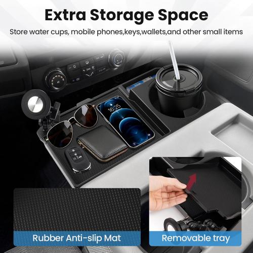 FIILINES Front Center Seat Headrest Organizer for 2011-2025 Ford F150 F250 F350 F450 F550 F650 Accessories, Coin Storage Box with Phone Holder and Large-Capacity Cup Holder (Jump Seat Only)
