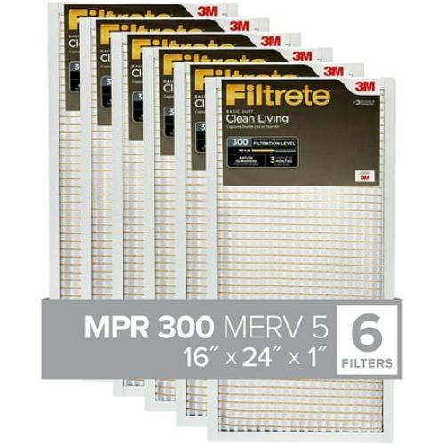 Filtrete 16x24x1  AC Furnace Air Filter  MPR 300  Clean Living Basic Dust  6-Pack (exact dimensions 15.81 x 23.81 x 0.8)