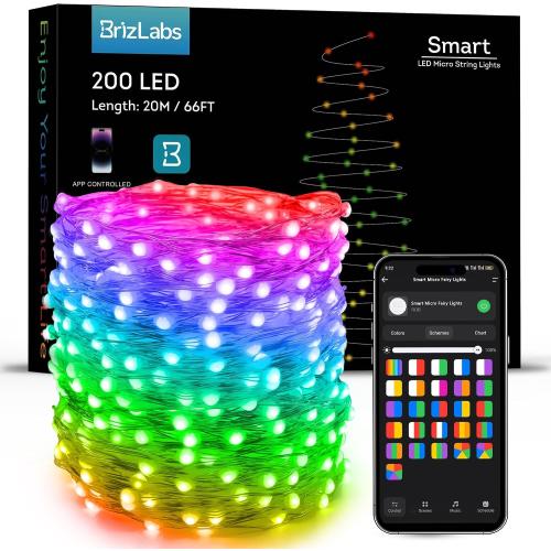 BrizLabs Smart Fairy String Lights, 66ft 200 LED WiFi Pink & White Valentine's Day Fairy Lights App Control, Dimmable Rainbow Christmas Lighting, Music Sync Xmas Lighting Work with Alexa & Google Home