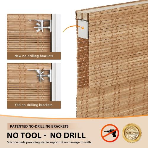 LazBlinds No Tools No Drill Cordless Bamboo Roman Shades, Light Filtering Window Treatment, Roll Up Bamboo Blinds for Windows 33'' W x 64'' H, Ceylon Light Russet
