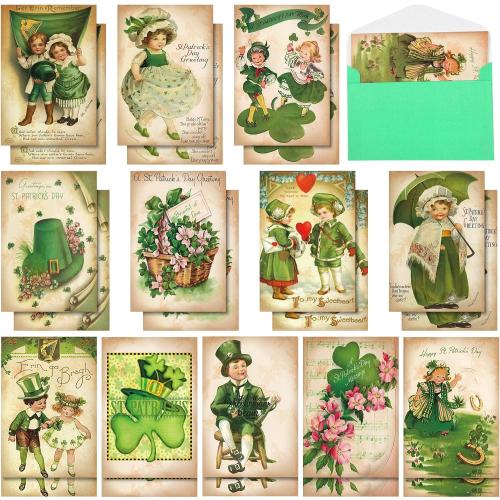 Yinder 24 Set St Patrick's Day Cards with Envelopes Vintage Green St Patrick's Day Shamrock Greeting Cards Retro Clover Irish Cards for Party Classroom Home Office Business (Cute Style)
