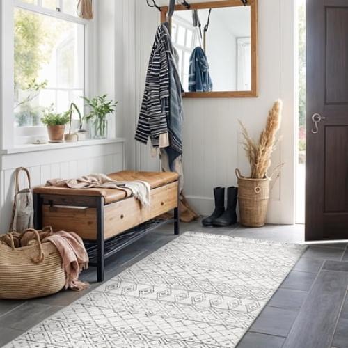 YOUFORTONG 2x6 Washable Hallway Runner Rug, Moroccan Non Slip Low Pile Waterproof Carpet for Entryway Kitchen Laundry, Geo Grey