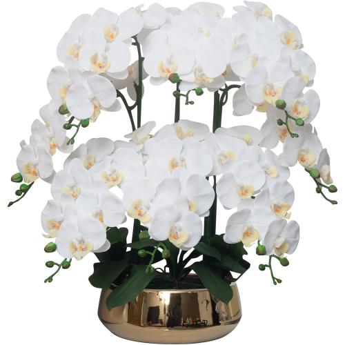 Orchids Artificial Flowers in Large Ceramic Vase 24.8'' Faux Orchid Plant | Large White Fake Silk Phalaenopsis Flower Arrangements for Home Office Centerpiece Decor (Large Realistic Petals, 8 Stems)