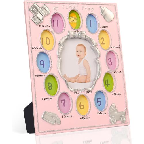My First Year Photo Frame – Baby's Monthly Milestone Memory Display | Classic Baby Picture Frame Keepsake for Boys & Girls | 12 Monthly Photo Slots in Pink | Nursery Wall Décor