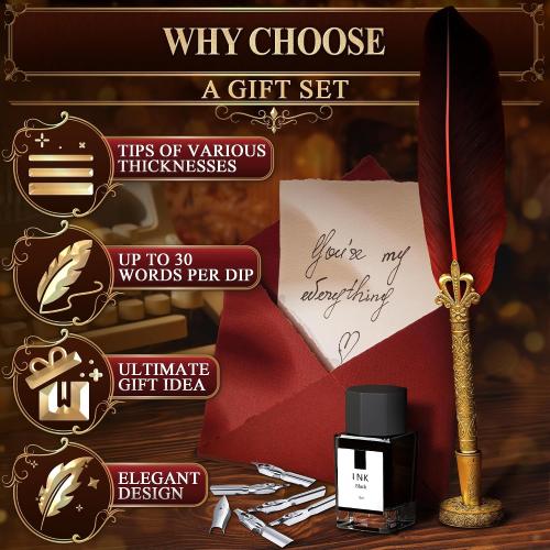 Red Feather Quill Pen and Ink Set - 11.4 Antique Feather Pen and Ink Set with Stainless Steel Nib for Calligraphy Practice, Drawing & Signatures - Designed for Beginners and Calligraphy Enthusiasts