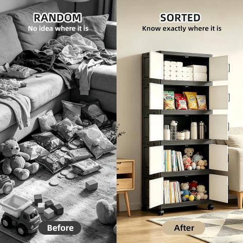 Color- black, Foldable Storage Cabinet with Doors and Wheels, 4 Tier Stackable Organizer, Freestanding Pantry Cabinet for Kitchen, Snacks, Toys, Bedroom, Home Office