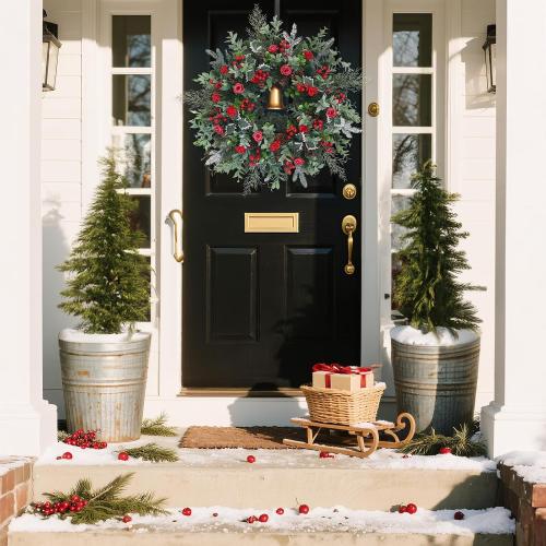 30inch Christmas Wreath, Artificial Winter Wreaths for Front Door with Bell Pinecone Berries for Outdoor Indoor Wall Tree Table Farmhouse Holiday Wedding Birthday Party Decorations