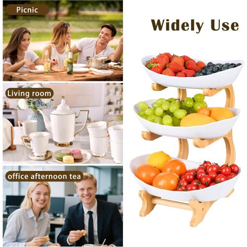 Fruit Bowl for Kitchen Counter, 3 Tier Plastic Serving Bowls with Bamboo Stand, Tiered Fruit Basket for Fruits Vegetable Storage, Cake, Dessert, Nuts, Snack, Salad for Party Wedding