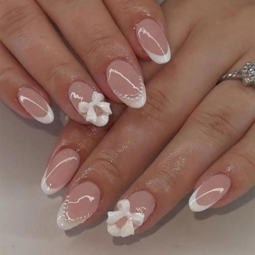 24Pcs White French Tip Press on Nails Medium Almond Fake Nails with 3D Cute Bow Rhinestones Designs Glossy Full Cover Nude Pink Stick on Nails Bow False Nails for Women Acrylic Manicure Decorations