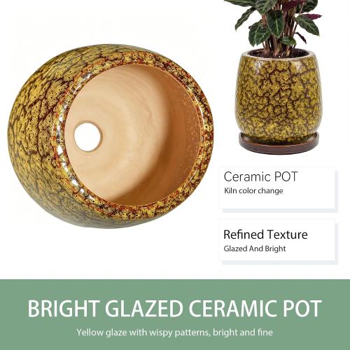 10.3 Inch Ceramic Glaze Plant Pot with Saucer, Flower Pots with Drainage Hole Mesh Net (Spot Yellow)