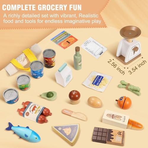 Pithfor Wooden Play Food Set for Kids Toddlers, Grocery Store Pretend Play Food, Pretend Grocery Shopping & Play Kitchen Accessories for Boys Girls