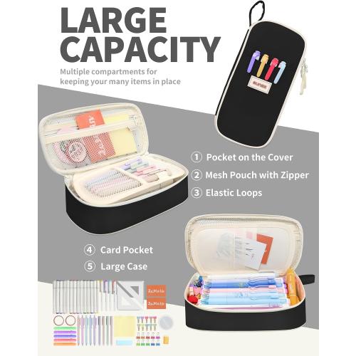 SUNEE Cute Pencil Case, Aesthetic Pen Pouch, Colored Large Pencil Bag with Zipper, Kawaii Stationery Storage and Organizer, School Supplies for Teen and Adult Girls, Black