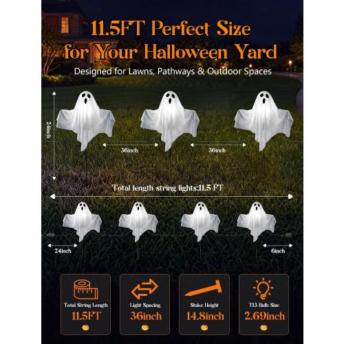 11.5FT Halloween Ghost Pathway Lights Outdoor, 4 Pack LED Lawn Stake Lights
