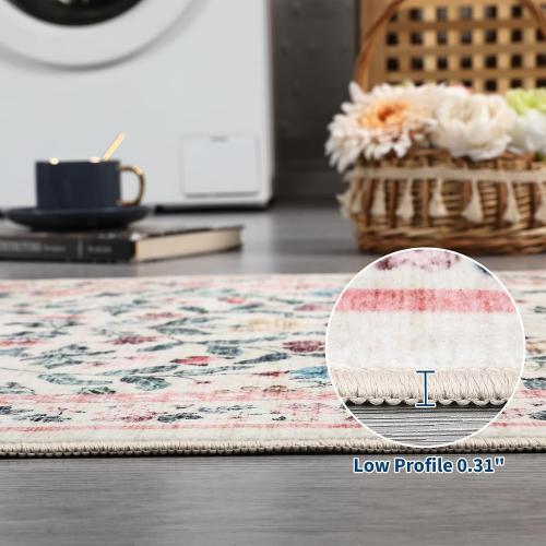 8x10 Vintage Farmhouse Area Rug for Living Room, Washable Floral Distressed Carpet, Non-Slip Low-Profile Soft Rugs for Nursery Bedroom Dining Home Office, Pink