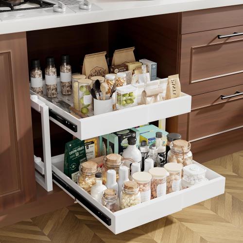 2-Tier Expandable Pullout Cabinet Organizer,Adjustable Width Metal Shelves