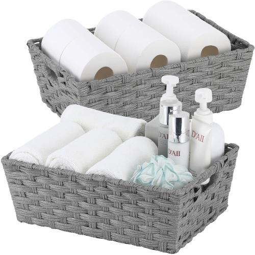 Onlytak Large Wicker Storage Basket, Metal Frame, Set of 2, Washable Waterproof, 15 x 10.3 x 5.2, Grey Color, Woven Basket for Pantry, Toilet, Bathroom, Bedroom, Patio