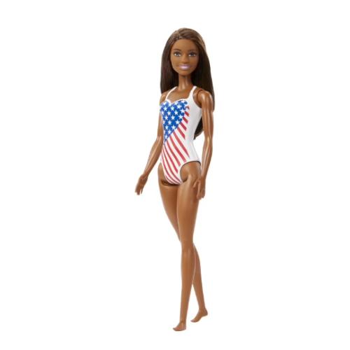 Barbie GPB17 Beach Blonde Doll One-Piece Swimsuit with American Flag Inspired Design for Children Toy