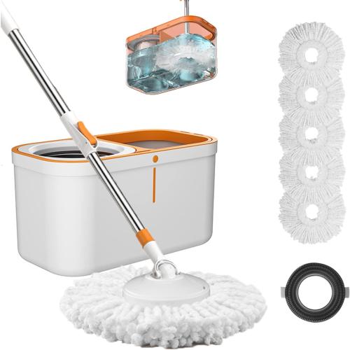 61 Spin Mop and Bucket Set,Wringer System for Cleaning,with 5 Refill Heads | Hands-Free Wringing with1 Brush,Stainless Steel Handle,Suitable for Tile Hardwood Laminate Floors,Easy Dirt Removal