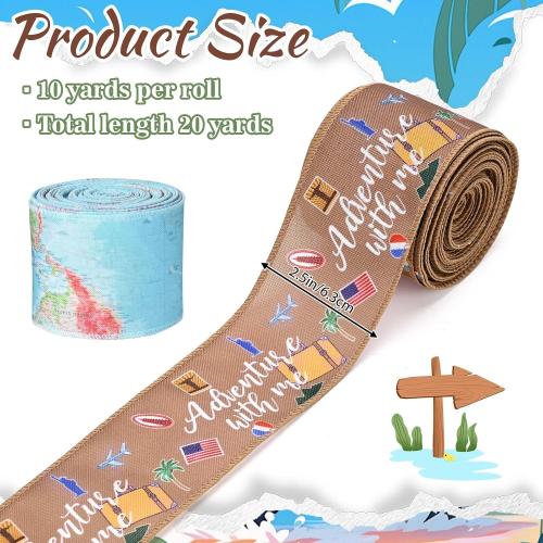 2Rolls 20 Yards Travel Wired Ribbon Adventure Awaits World Map Airplane Printed Ribbon for Gift Wrapping Bow Wreath Making for Baby Shower Birthday Party DIY Craft Decorations