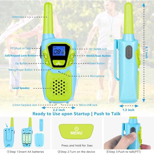 Kids Walkie Talkies 3 Pack NOAA Walkie-Talkies for Adults Rechargeable Long Range 2 Way Radios for Family Camping Hiking Skiing Cruise Ship, Toys for 3-12  Year Old Girls Boys Toddlers