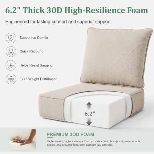Outdoor Chair Cushions 24 x 24 x 6 Inch, 100% Olefin Patio Furniture Cushions, Water & Fade Resistant Deep Seat Replacement Set with 30D Foam and 7 Inch Back Pillow, Set of 2, Beige
