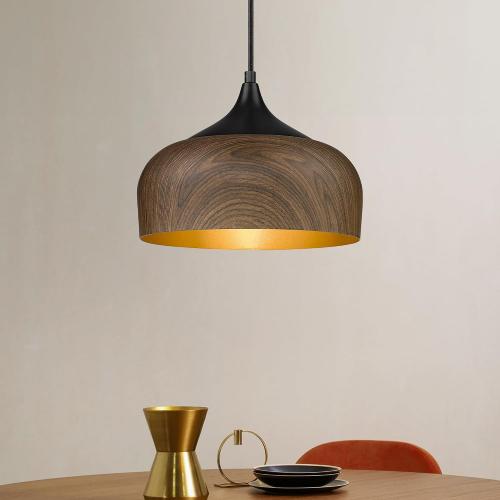 ELYONA Modern Bauhaus Pendant Light Walnut Wooden Pattern Dome Pendant Light Fixture Matte Black Metal Gold Inner Adjustable Hanging Lighting for Kitchen Island Dining Room Office Hallway Bedroom