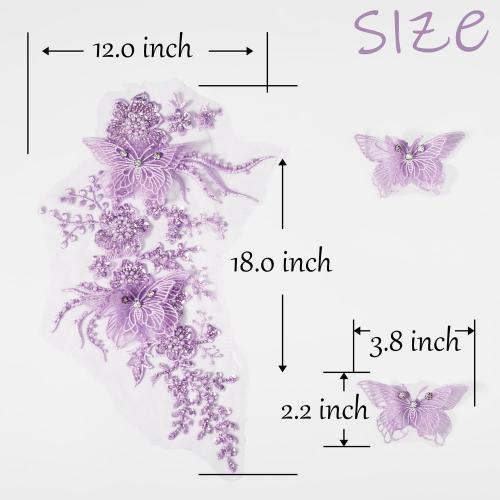 Flower Pearl Fabric Rhinestones Beaded Lace Applique,3D Butterfly Embroidered Lace Patch for Clothes,Dress (Purple)