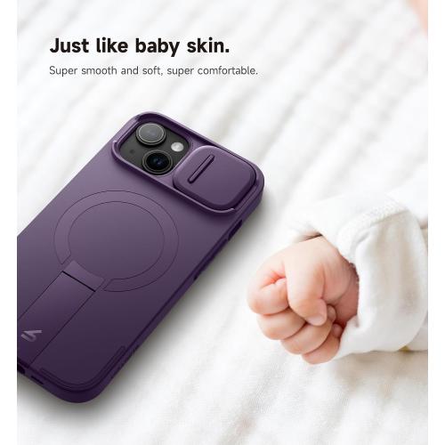 SURITCH for iPhone 15 Case with Magnetic Camera Slide Cover and Adjustable Kickstand, Compatible with MagSafe, Shockproof Bumper Case Slim Protective Cover 6.1 Inch, Dark Purple