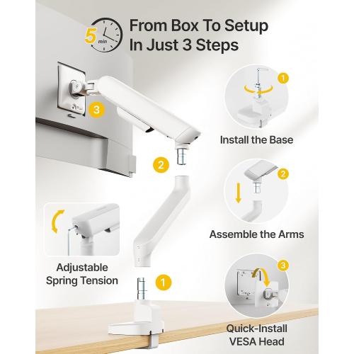 monTEK Mechanical Spring Single Monitor Arm with USB for 40in Screen White