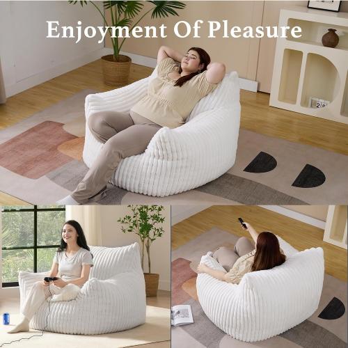 Giant Plush Bean Bag Chair for Adults with Armrests - Oversized Comfy Beige Beanbag Lounge Lazy Floor Sofa Accent Chair for Living Room, Bedroom & Dorm, Cozy Fluffy Single Cloud Mini Couch