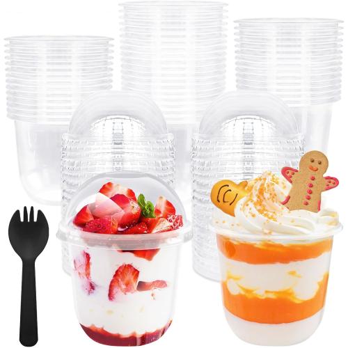 100 Pack 12 oz Clear Plastic Cups with Dome Lids,Parfait Yogurt Cups with Spoons,No Hole Plastic Cup with Lids for Dessert,Yogurt,Ice Cream,Cupcake,Fruits