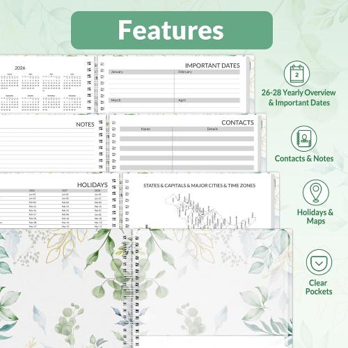 SUNEE 2026 Daily Planner,4-Person Group Appointment Book with Quarter-Hourly Layout. Weekly & One-Page-Per-Day Format, Jan to Dec 2026, 8.5x11,Weekly Planner, Flexible Cover, Note Pages, Bookmark,Greenery