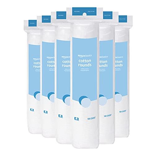 Amazon Basics Hypoallergenic 100% Cotton Rounds  600 Count (6 Packs of 100)