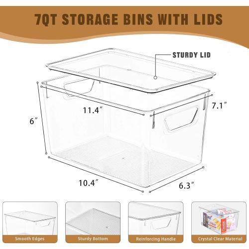 Freebat 6 Pack Clear Storage Bins with Lids, 7 Quart Pantry Organizer Bins