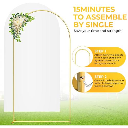 7.2FT Metal Arch Backdrop Stand and Cover Set, Gold Wedding Backdrop Arch Stand with Cover, Balloon Arch Stand with White Arch Cover for Birthday Party Baby Shower Graduation Ceremony Decorations