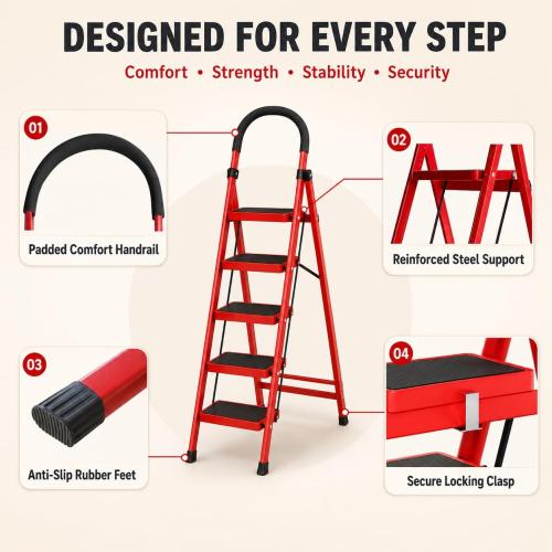 5 Step Folding Ladder, Portable and Compact, Anti-Slip Multi-Use Household Step Ladder for Home, Kitchen, Office, and Garage – Easy Storage, Sturdy and Durable