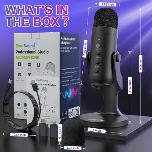 ZealSound Podcast Microphone for PC, Noise Cancellation USB Mic with Gain, Volume Adjustment & Mute Button, Monitoring & Echo, for YouTube, TikTok, Podcasting, Streaming, iPhone, iPad, Android, Mac